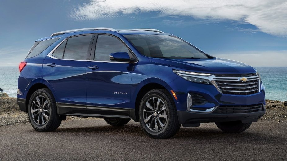 Front angle view of blue 2023 Chevy Equinox crossover SUV