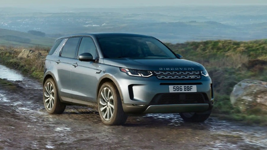 Front angle view of blue 2023 Land Rover Discovery Sport, cheapest new Land Rover and an off-road luxury SUV bargain