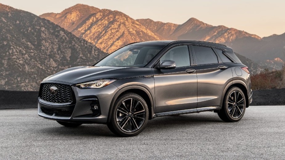 Front angle view of gray 2023 Infiniti QX50, cheapest new Infiniti car and a luxury SUV bargain 