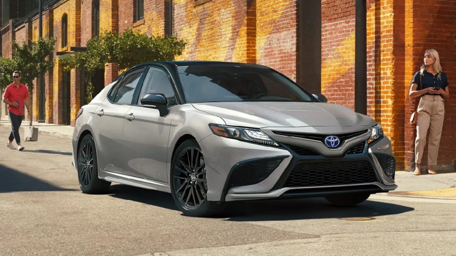Front angle view of gray 2023 Toyota Camry midsize sedan