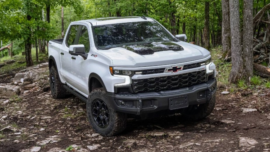 Front angle view of new 2023 Chevy Silverado 1500 ZR2 Bison full-size truck, showing how much fully loaded one costs