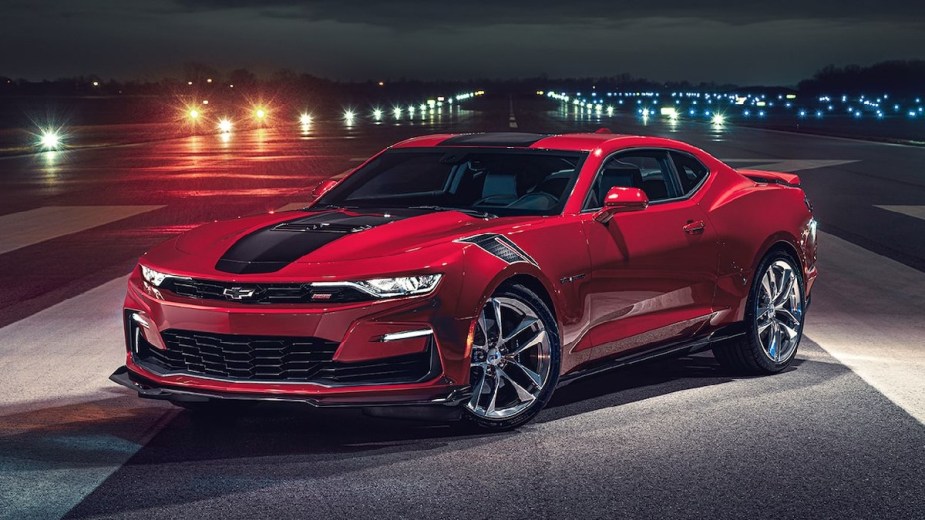 Front angle view of red 2023 Chevy Camaro, cheapest new sports car, but iconic American model will be killed