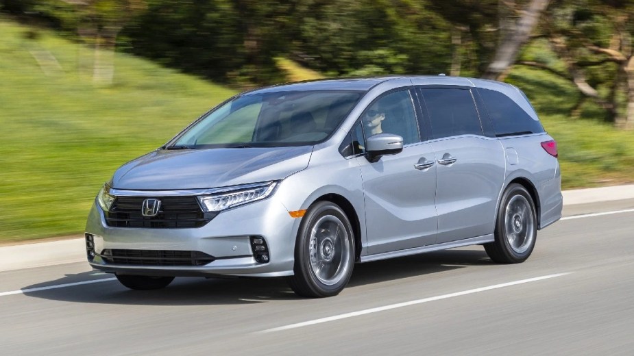 Front angle view of silver 2023 Honda Odyssey