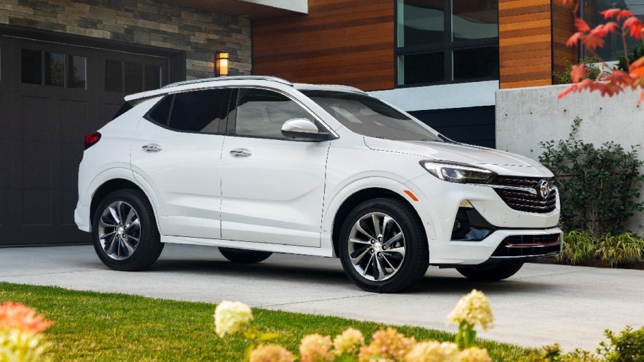 Front angle view of white 2023 Buick Encore GX, the cheapest new luxury SUV