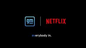 The General Motors (GM) and Netflix EV (electric vehicle) partnership banner for car advertisements announcement