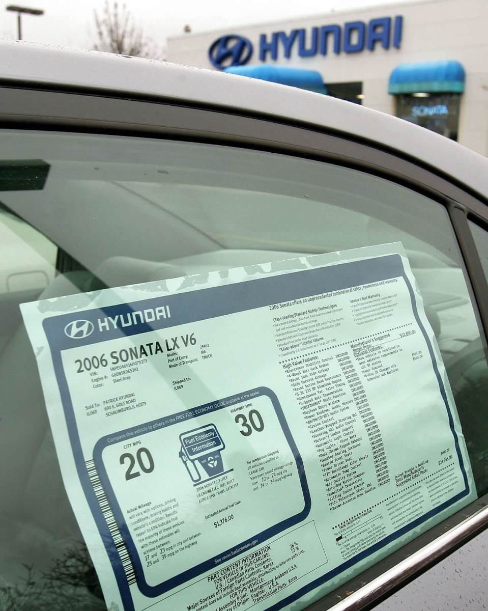 An older window sticker with antiquated fuel economy measurements