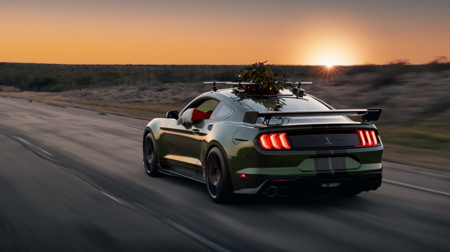 An Eruption Green Hennessey Venom 1000 Mustang Shelby GT500 blasts down a track in Texas.