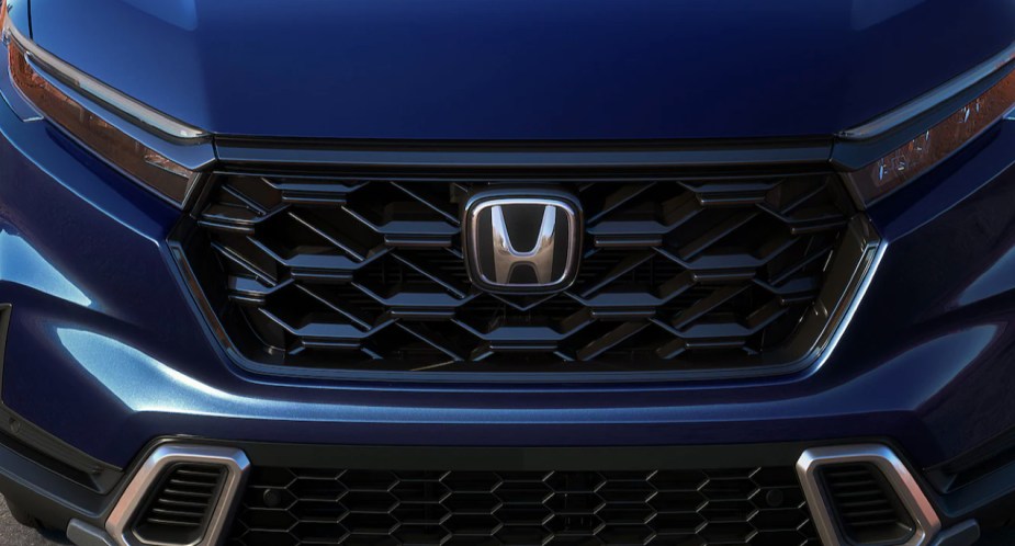 The front of a blue 2023 Honda CR-V small SUV. 