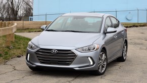 A Hyundai Elantra shows off its front-end styling, which conceals its problems like transmission issues.