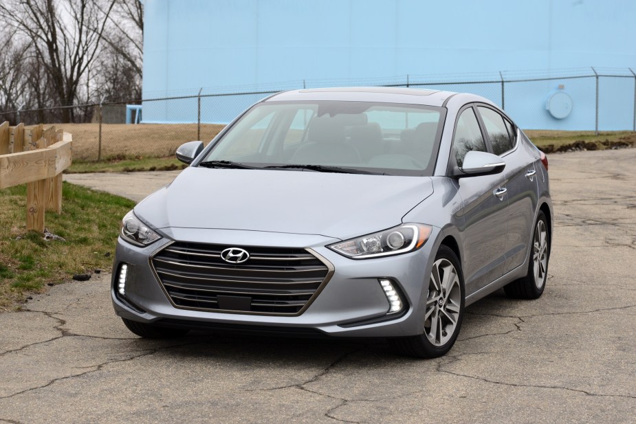 A Hyundai Elantra shows off its front-end styling, which conceals its problems like transmission issues.