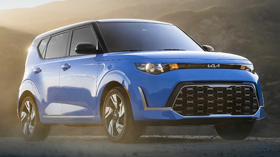 A blue 2023 Kia Soul subcompact SUV is parked outdoors.