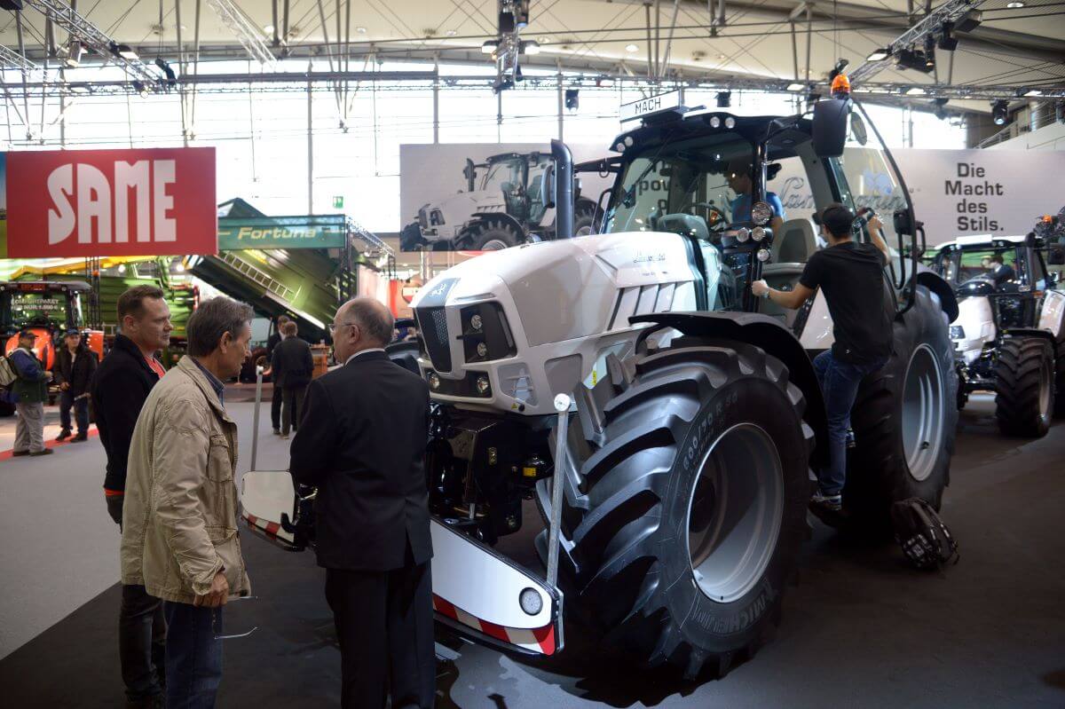 A Lamborghini tractor at the Agritechnica agricultural technology fair in Hanover, Germany