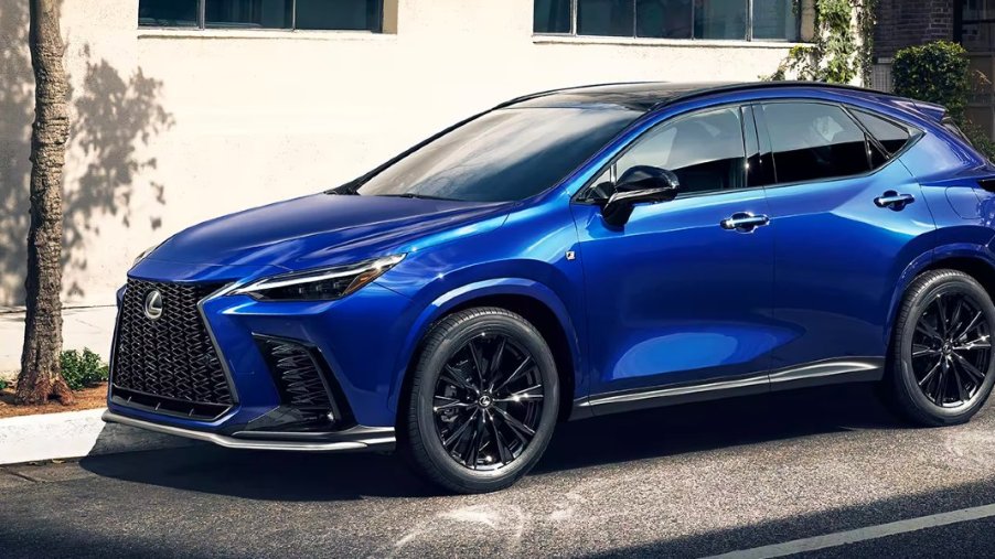 A blue 2023 Lexus NX 350h small hybrid SUV is parked.