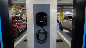 A Mercedes-Benz electric vehicle (EV) charging station at the Beijing Daxing international airport in China