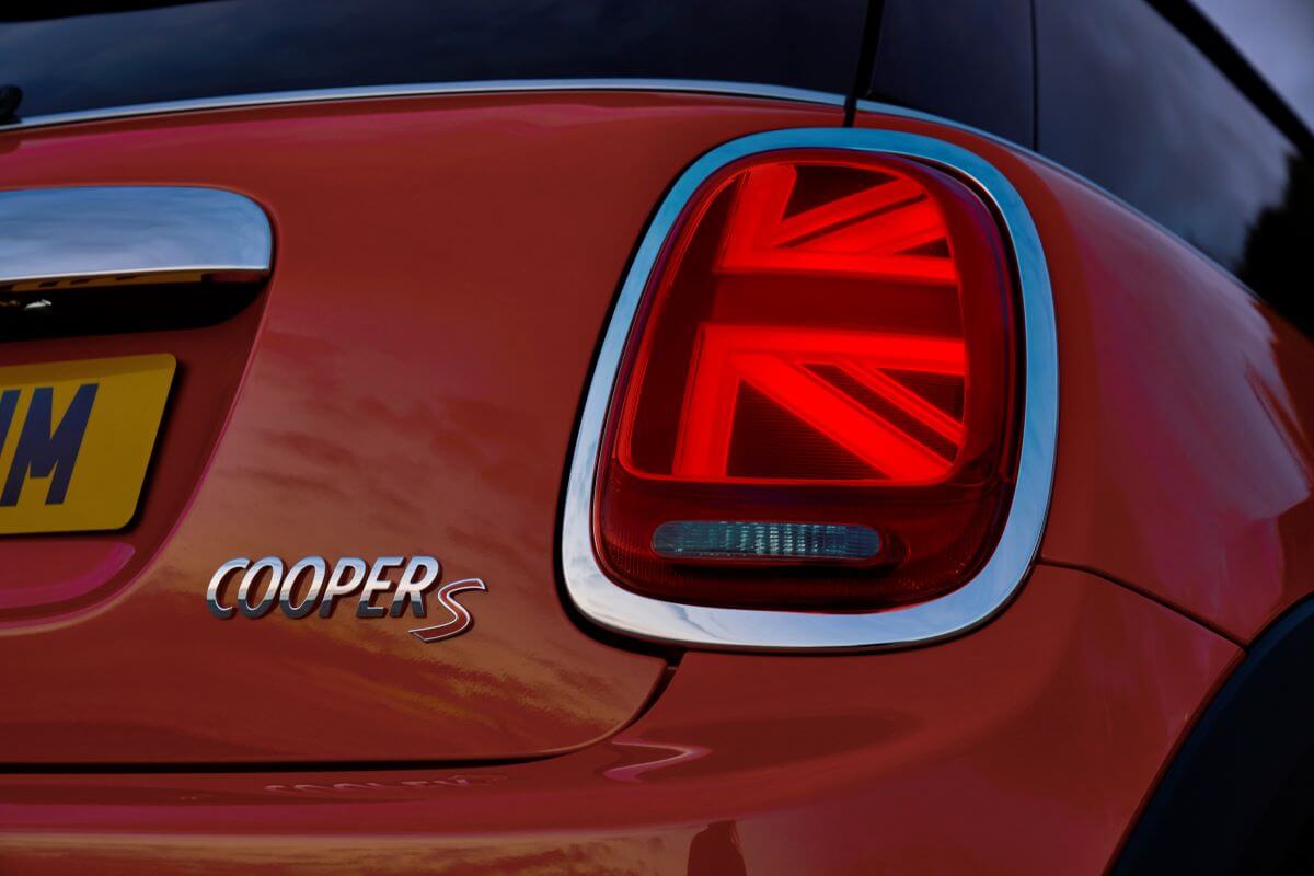 Cooper S rear model badging on a red-orange 2019 Mini Cooper S