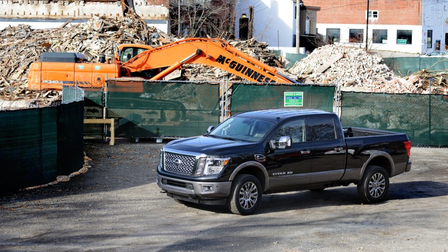 A diesel Titan, a version of the Nissan Titan XD sits at a construction site.