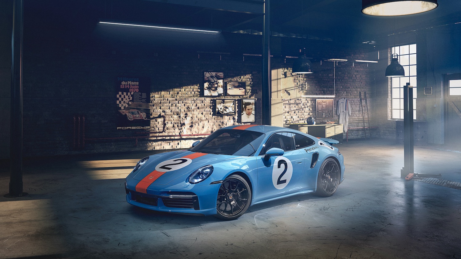 A blue and orange Porsche 911 special edition painted in Gulf Oil motorsports racing livery colors.