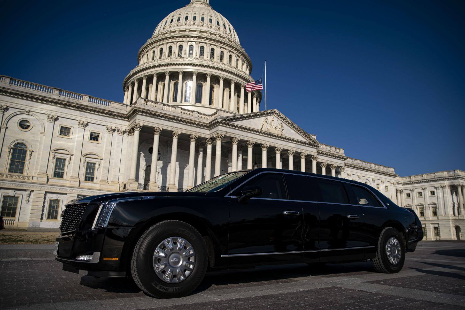 The Presidential Cadillac limousine parked in front of the U.S. Capitol in Washington, D.C.