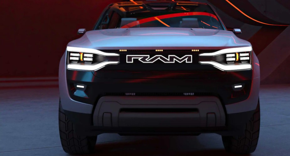 A gray Ram Revolution electric pickup truck concept is parked. 