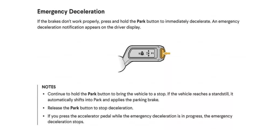 Rivian R1t owner's manual schematic showing the park button location