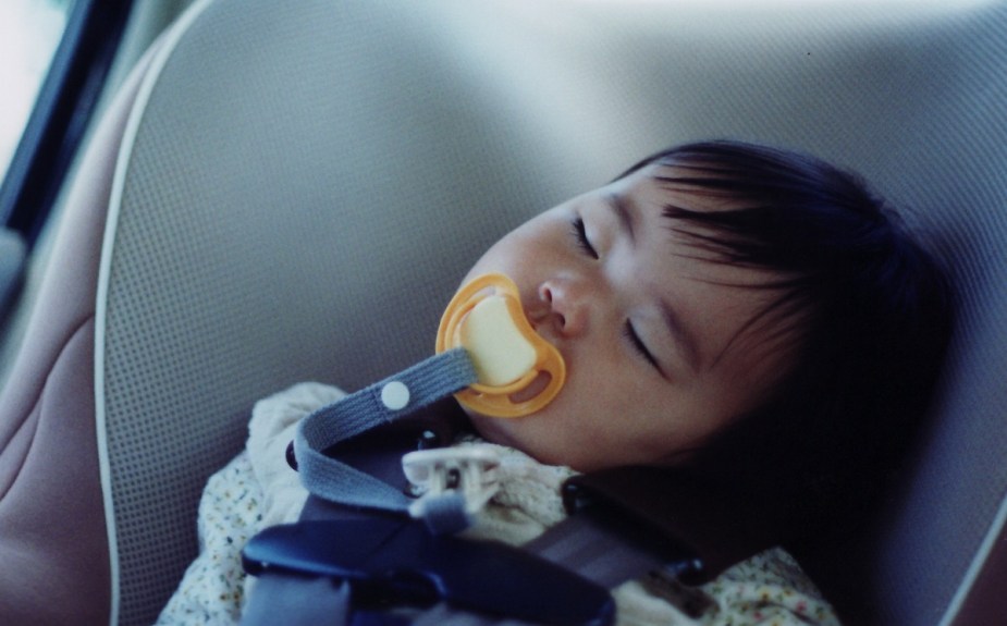 Sleeping baby in vehicle, showing weird things people left behind in car when sell it, such as baby and dog 