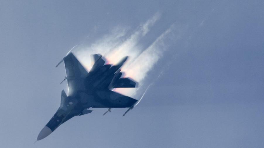 A Sukhoi Su-34 jet fighter-bomber of the Russian Air Force on a test flight at the MAKS-2015 air show