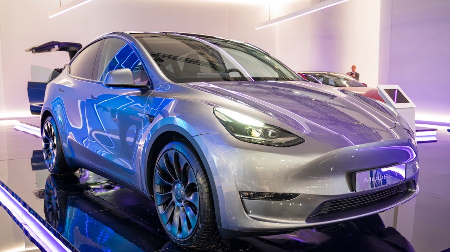 A Tesla Model Y parked indoors.