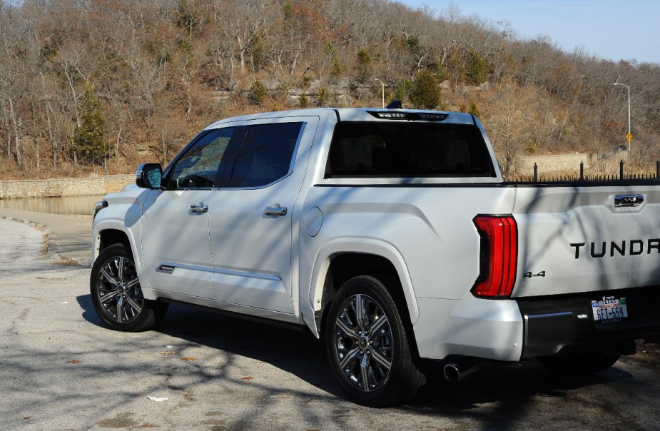 The rear-end of the Toyota Tundra Hybrid pickup truck. 