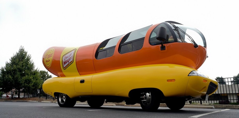 A Wienermobile shows off its hot dog-inspired shape after a catalytic converter theft. 