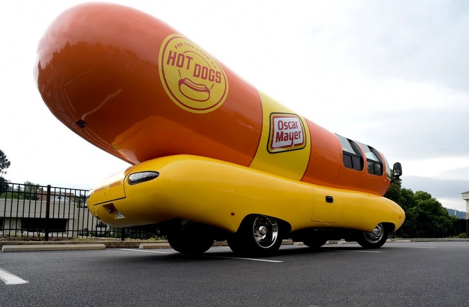 An Oscar Mayer Wienermobile shows off its hot dog shape and bun base while on tour.