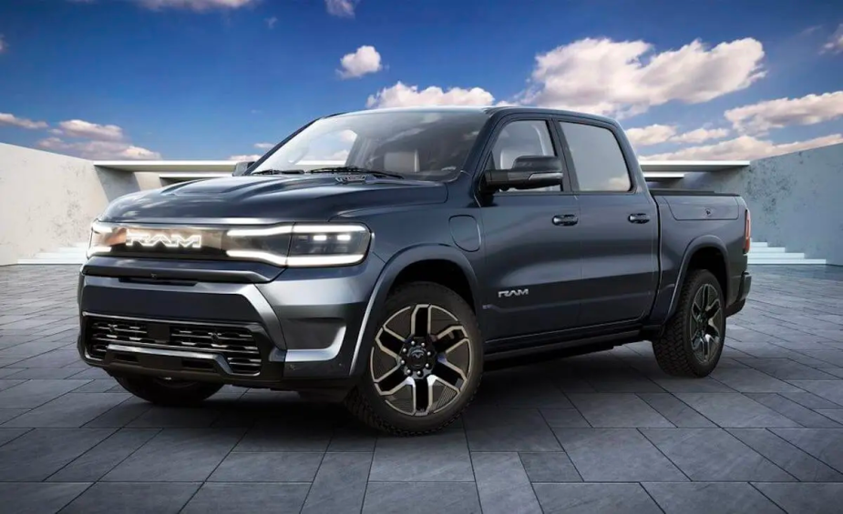 Promo photo of the 2024 Ram 1500 REV production electric truck coming from Stellantis, parked on paving stones with blue sky in the background.