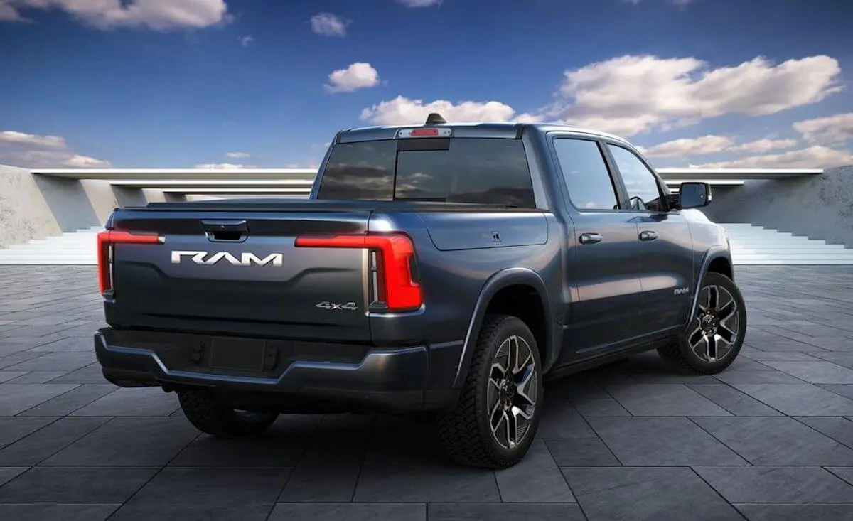 The back of the new range-extended 2024 Ram 1500 REV electric pickup truck.