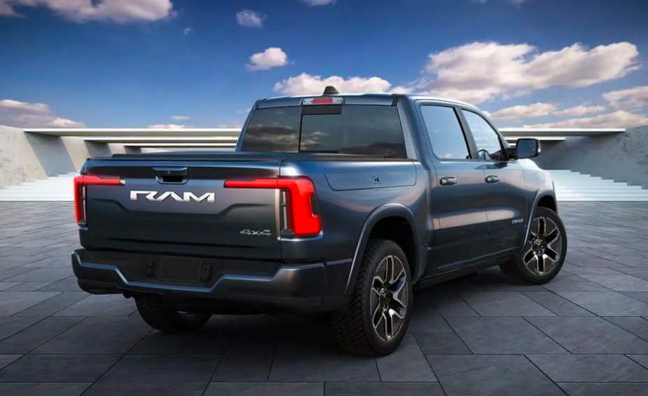 The back of the new range-extended Ram 1500 REV electric pickup truck.