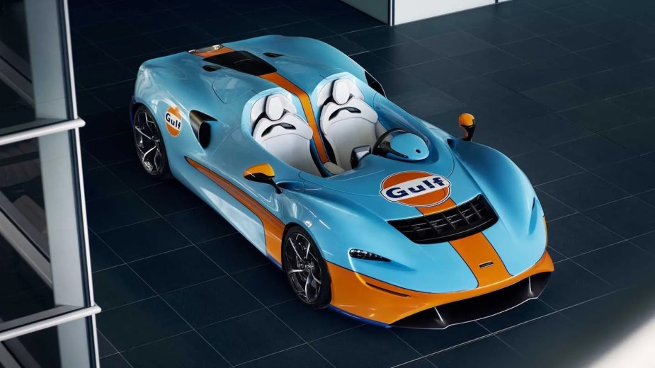 A bespoke McLaren painted in the Gulf Racing liveries colors licensed by the Oil company.