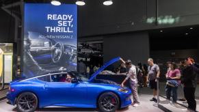 A blue Nissan Z sports car coupe at the 2022 New York International Auto Show (NYIAS)