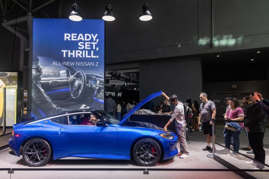 A blue Nissan Z sports car coupe at the 2022 New York International Auto Show (NYIAS)