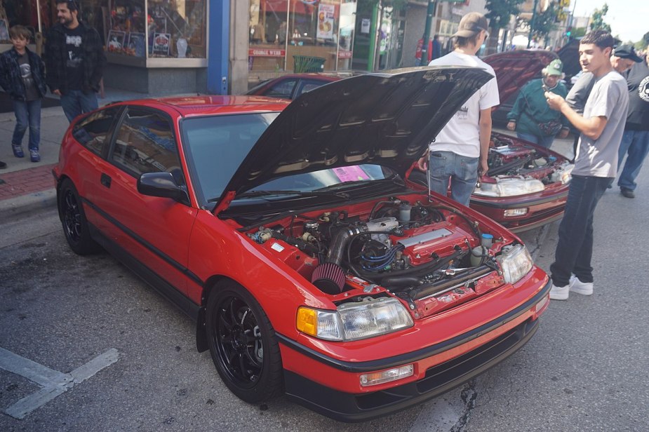 A red Honda CR-X with a B-series engine swap.