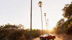 A Dodge Dakota sport convertible pickup truck parked in front of a row of palm trees on a California road for a photo.