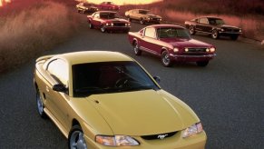 An SN95 Mustang poses with a series of first-gen Mustangs.