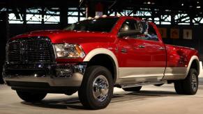 A red Dodge Ram 3500 Heavy Duty full-size pickup truck at the 2009 Chicago Auto Show