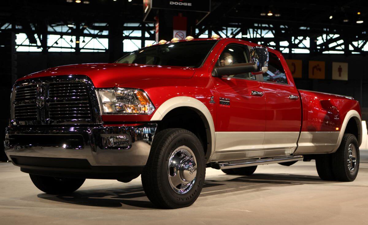 A red Dodge Ram 3500 Heavy Duty full-size pickup truck at the 2009 Chicago Auto Show