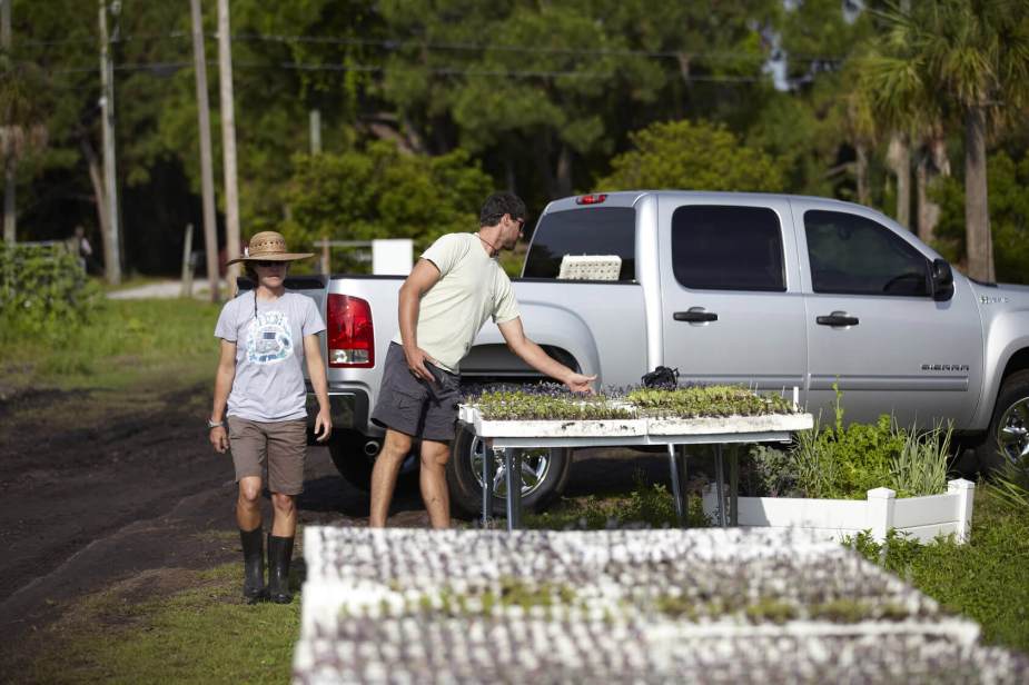 A couple stands by their trays of seedling starters, a silver Sierra 1500 pickup truck visible behind them.