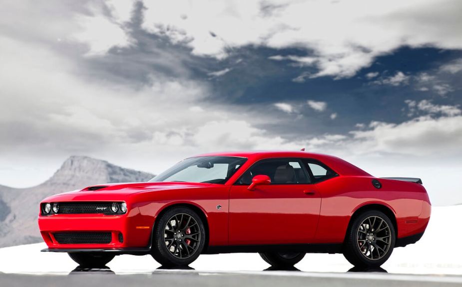 A 2015 Dodge Challenger SRT Hellcat shows off its muscle car profile.