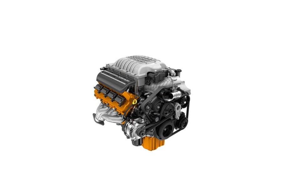 A supercharged 6.2L engine from a Dodge Challenger shows off its impressive shape.