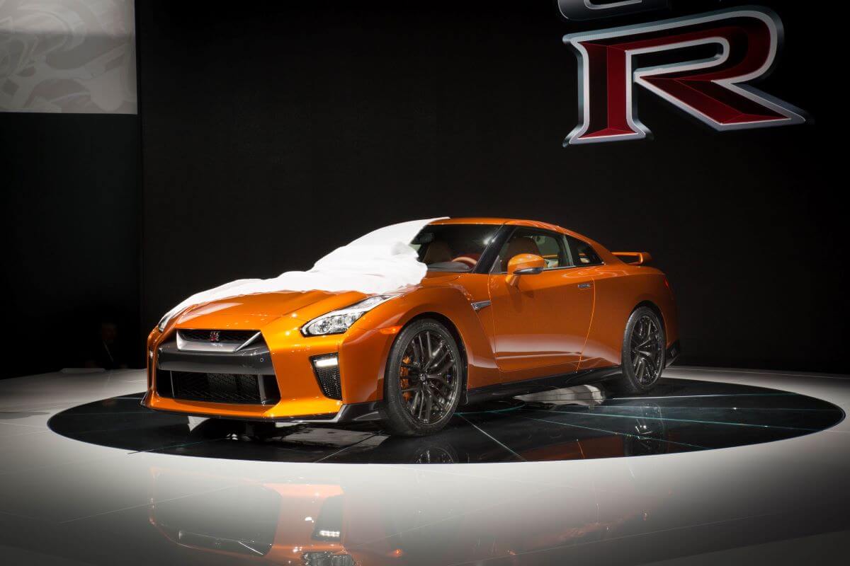 The 2017 Nissan GT-R performance sports car model making its world debut at the New York International Auto Show