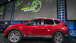 A red used Honda CR-V model.