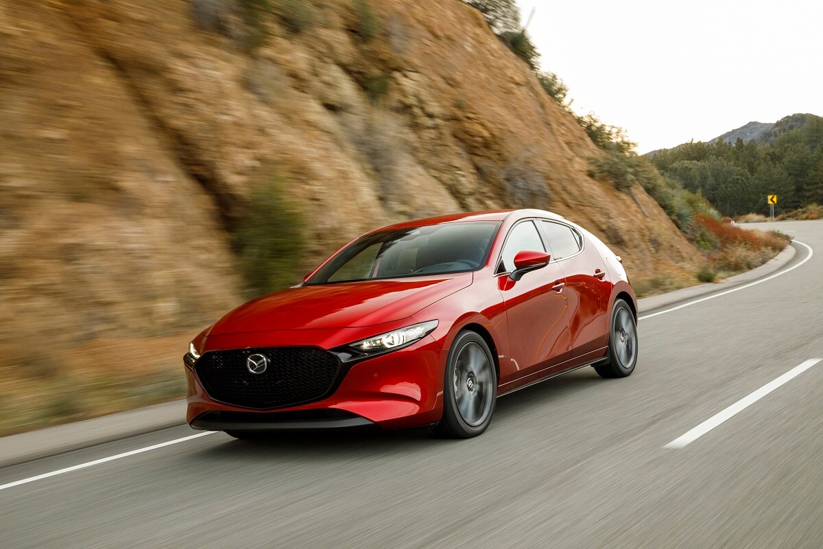 A red Mazda3, which will look just like the 2024 version