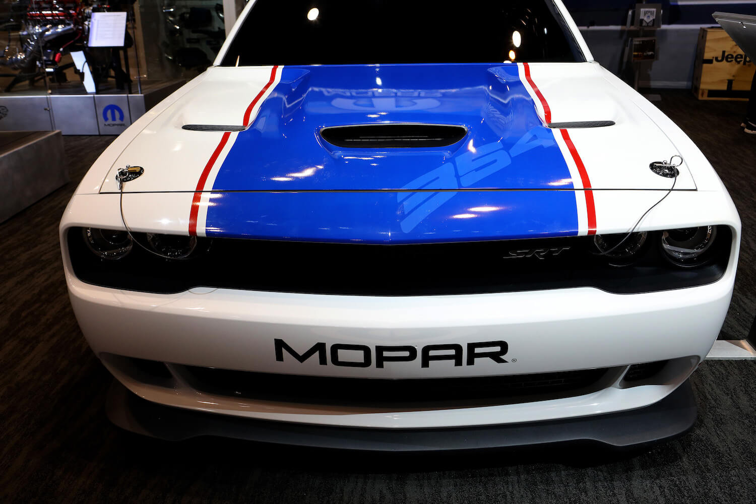 White and blue Challenger Drag Pak built by the Mopar performance division.