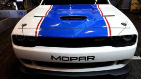 White and blue Challenger Drag Pak built by the Mopar performance division.