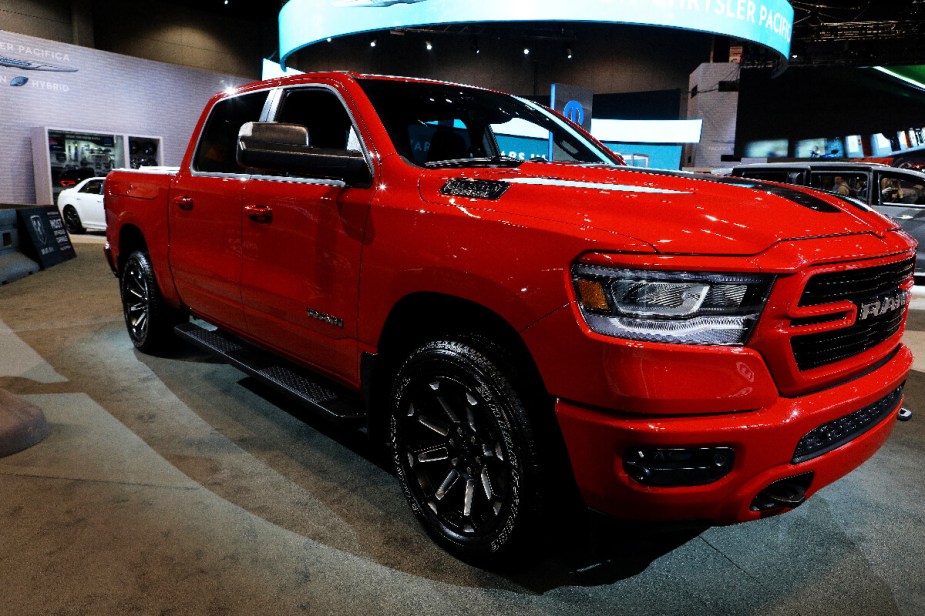 A red 2020 Ram 1500 sits on display at the Chicago Auto Show.